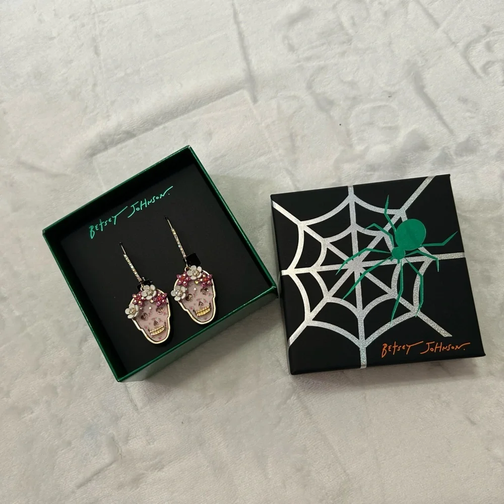 Betsey Johnson Sugar Skull Drop Earrings Rhinestone Floral NWT